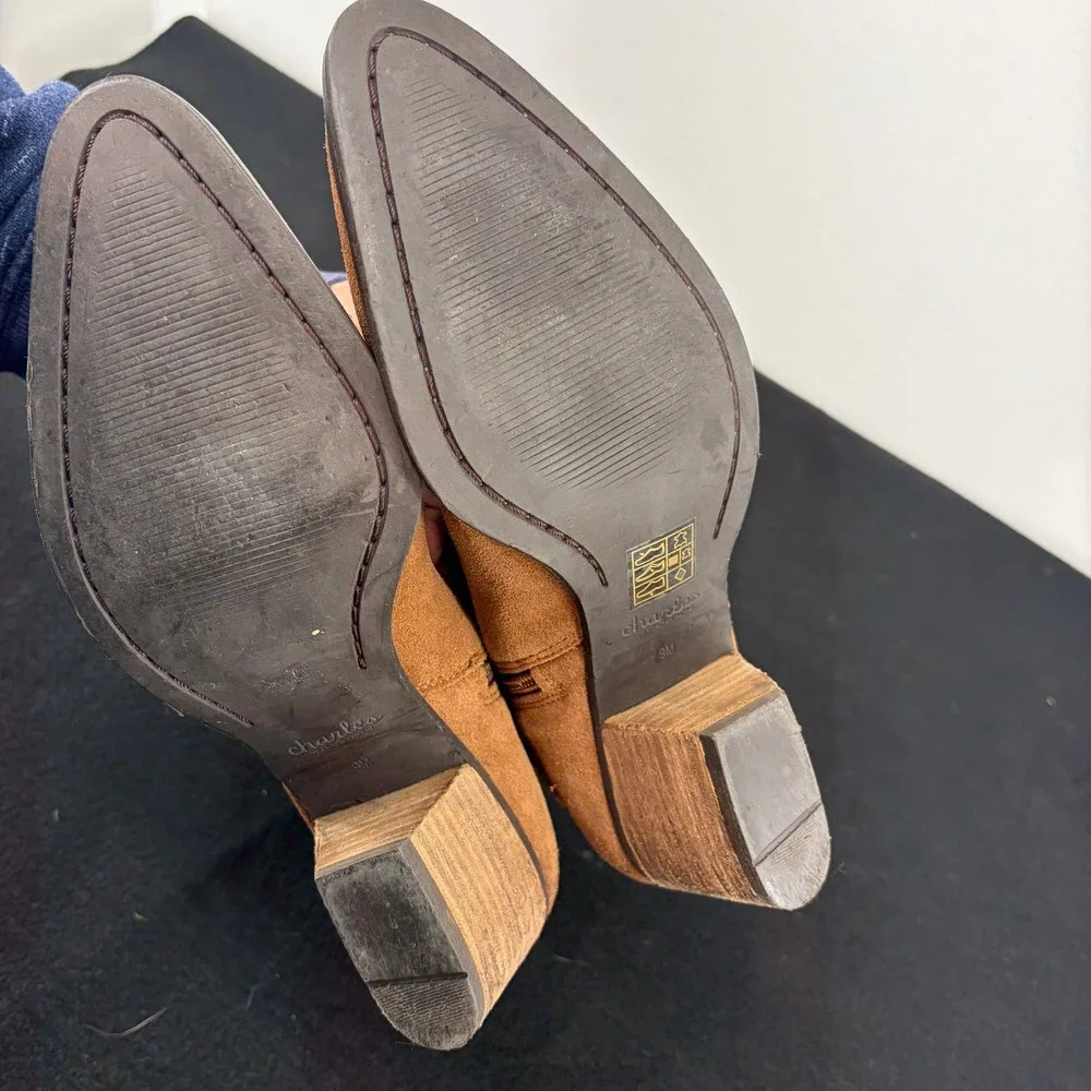 Charles David Women 9 Brown SuedeLeather Western Cowboy Ankle Boots Slouchy Heel